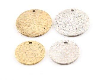 2 Size Options Pewter Metal Textured Hammered Round Circle Stamping Disc Charm in Antique gold or Antique Silver  24mm or 19mm