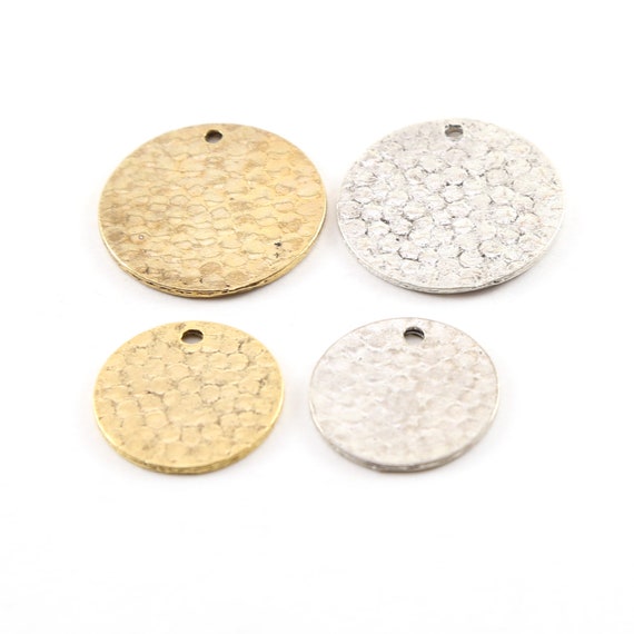 2 Size Options Pewter Metal Textured Hammered Round Circle Stamping Disc Charm in Antique gold or Antique Silver  24mm or 19mm