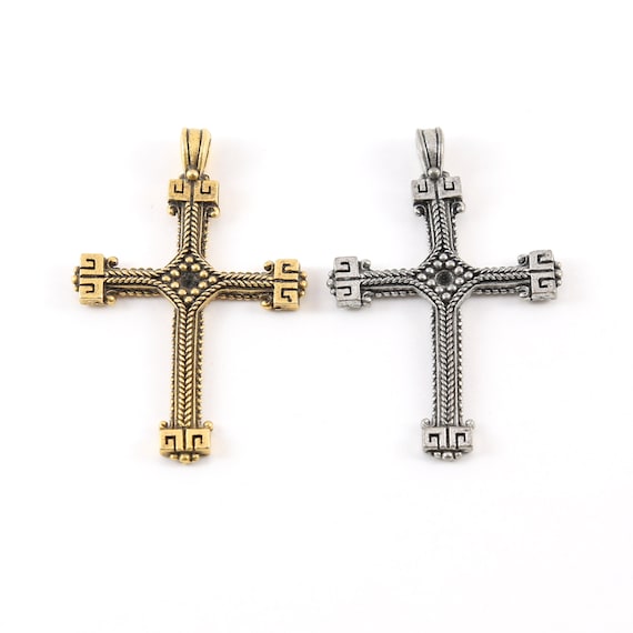 Pewter Base Metal Ornate Lined Cross Charm Pendant Religious Spiritual Catholic Christianity Necklace Charm