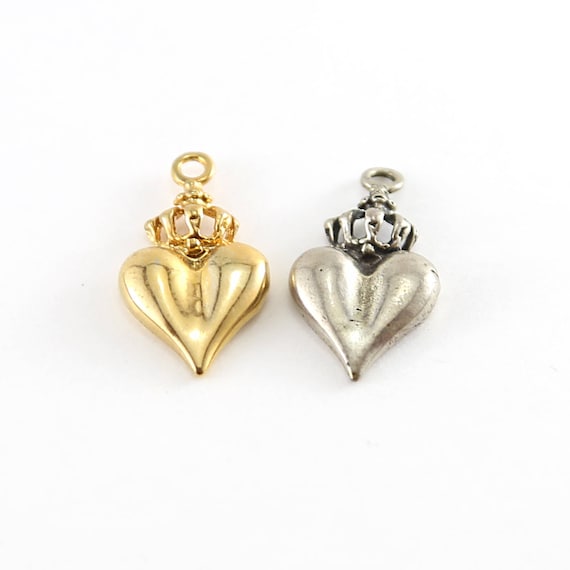 Large Heart with Crown Charm in Sterling Silver or Vermeil Gold Love Royal Friendship Pendant