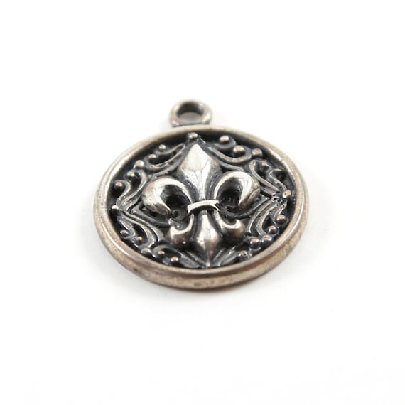 Large Sterling Silver Fleur De Lis Coin Medallion Circle Charm with Swirl Detailing Pendant