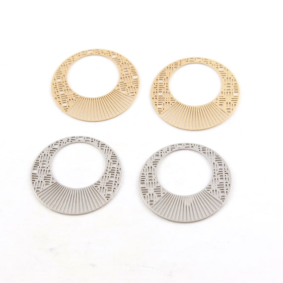 Thin Die Cut Multi Line Circle Pewter Metal Circle Coin Pendant Earring Component Charm Matte Gold, Matte Silver