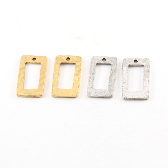 2 Pieces Pewter Metal Textured 23mm x 11mm Rectangle Shaped Open Stamping Blank Charm Pendant Antique Gold, Antique Silver