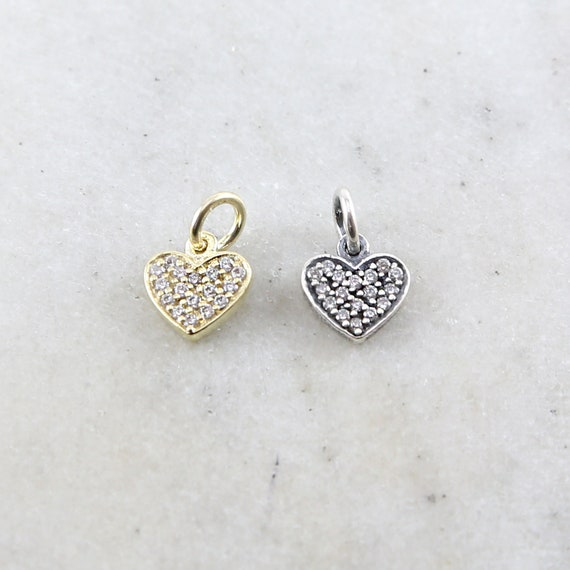 Heart Cubic Zirconia Pave Charm in Oxidized Sterling Silver or Vermeil Love Pendant 9mm x 9mm