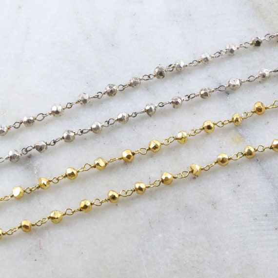 Dainty Gold or Silver Plated Pyrite Rosary Beaded Wire Wrapped Chain Sterling Silver or Vermeil  / Sold by the Foot / Bulk Unfinished Chain