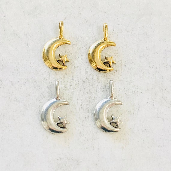2 Pieces Pewter Small Crescent Moon Attached Star Celestial Pendant Antique Gold, Antique Silver