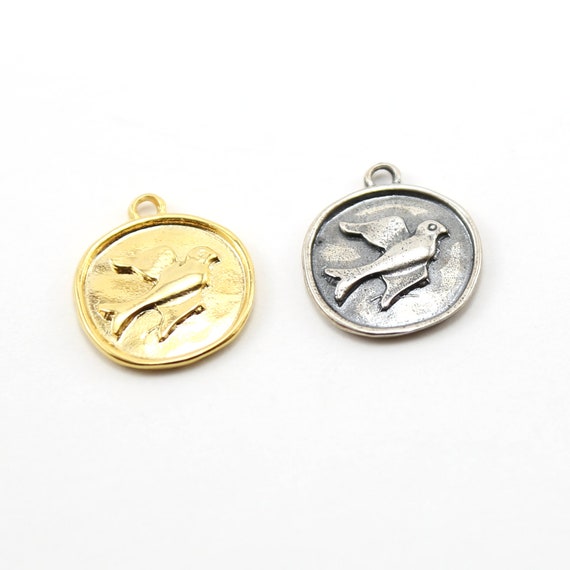 Raised Bird Coin Medallion Pendant in Sterling Silver or Vermeil Gold Sparrow Nature Pendant