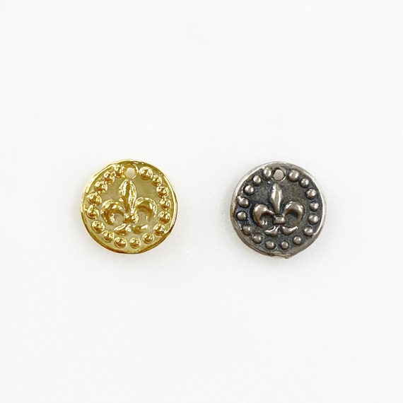 Vermeil or Sterling Silver Tiny Mini Fleur De Lis with Dots Circle Medallion Coin Charm