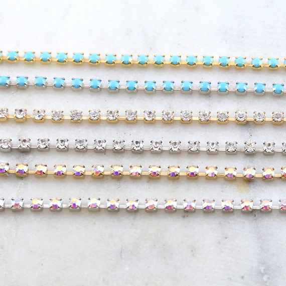 Clear, Clear AB, or Turquoise Blue Austrian Rhinestone Chain in Gold Or Silver / Choose your Color