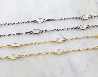 Zarte ovale Gliederkette mit Zirkonia-Steinen in vergoldetem Vermeil oder oxidiertem Sterlingsilber / Unfertige Kette, Meterware.