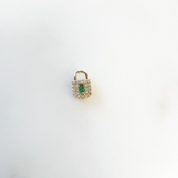 Small Cute  Gold Plated Clear CZ and Emerald Colored Cubic Zirconia Pad Lock Charm Love Charm, Valentine's Day, Mother' Day Charm Pendant