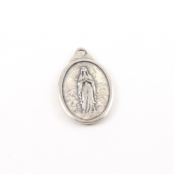 Sterling Silver Our Lady of Lourdes Oval Medallion Charm Vintage Replica Pendant / Centenaire Apparitions De Lourdes