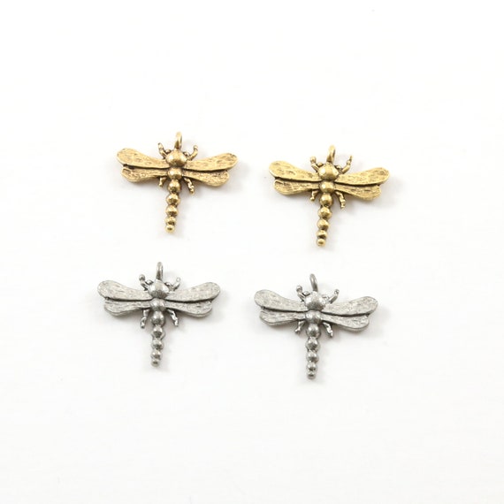 2 Pieces Pewter Flying Dragonfly Wings Charm Fantasy Pendant Inspirational Insect Pendant, Antique silver