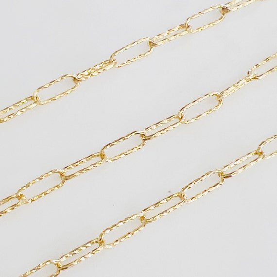 11.4mm x 4.3mm Shimmer Textured Elongated Rectangle Cut Cable Drawn Paper Clip Chain in Gold Filled Sold by the Foot/ Bulk Unfinished Chain