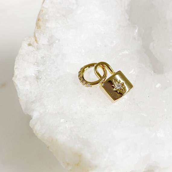 Tiny Star Lock Charm With CZ Pave Ring Attached Gold Plated Charm, 1 Piece