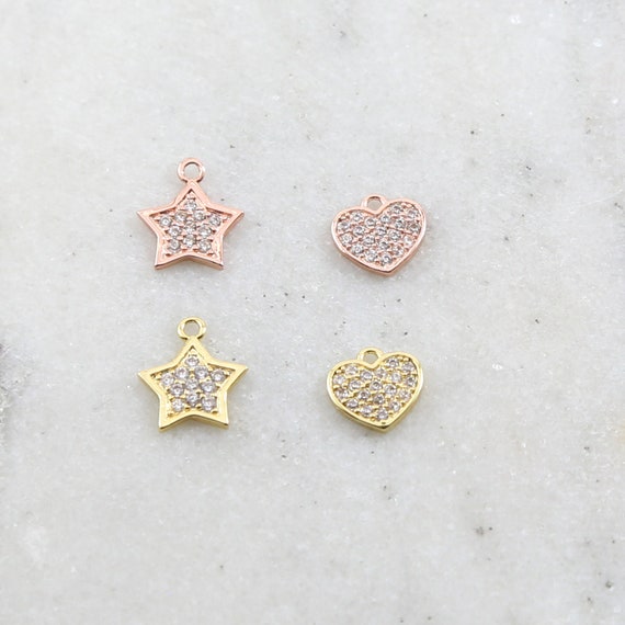 Gold or Rose Gold Cubic Zirconia Pave Heart or Star Charm with Round CZ Celestial Love Pendants Rhodium Plated