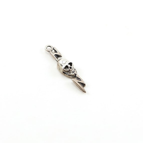 Unique Sterling Silver Skull with Lightning Bolt Day of the Dead Halloween Pirate Charm