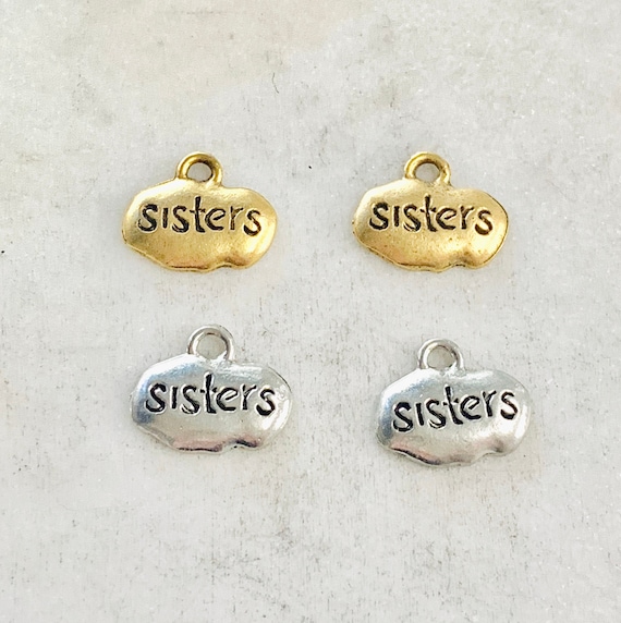 2 Pieces Pewter Wide Oval with Sisters Stamped Charm Pendant Inspirational Charm Antique Gold, Antique Silver