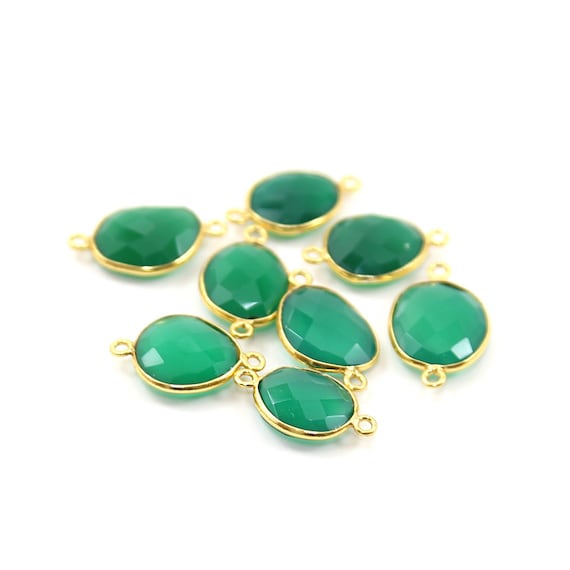 Green Onyx Natural Shaped Raw Nugget Faceted Connector Gold Plated over Sterling  Gold Bezel Charm