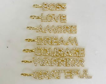 Gold plated pave  cz boss,  love, amore, dream, courage, warrior, or grateful block letters cz inspiration pendant