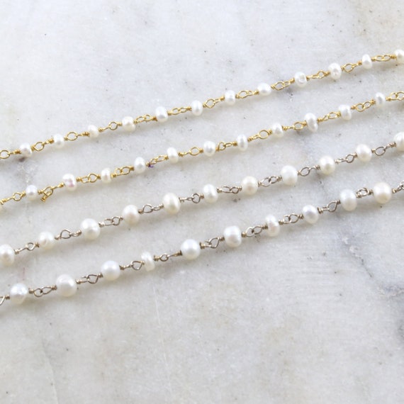 Dainty Medium Freshwater Pearl Rosary Beaded Wire Wrapped Chain Sterling Silver or Vermeil  / Sold by the Foot / Bulk Unfinished Chain /