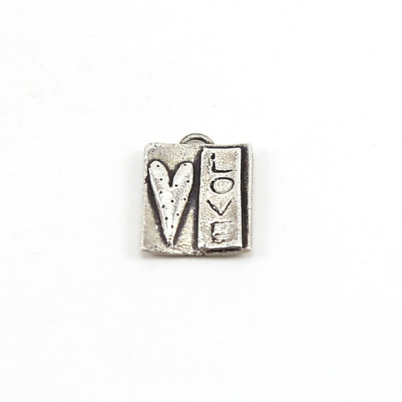 Sterling Silver Cute Whimsical Square Heart with LOVE Charm Curly Swirl Design