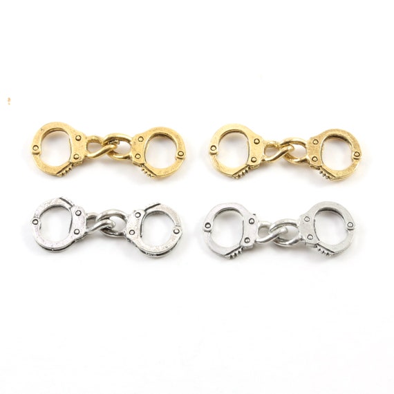 2 Pieces Pewter Moveable Handcuff Police Charm in Antique Gold, Antique Silver