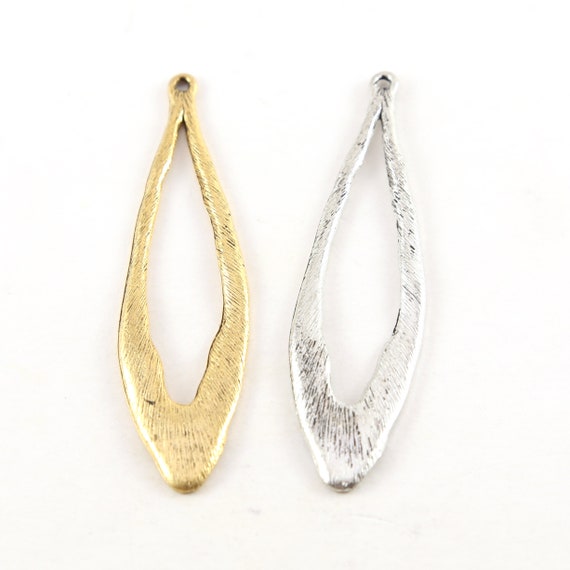 Pewter Metal Textured Open Long Teardrop Earring Component Pendant Antique Gold, Antique Silver