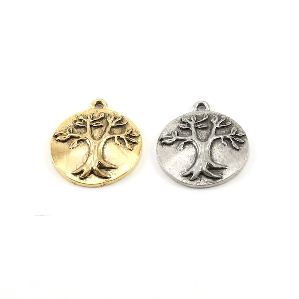 Tree of Life Family Oak Tree Pewter Pendant Nature Coin Circle Medallion Charm Antique Silver, Antique Gold