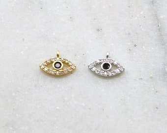 CZ Small Evil Eye Black Stone Eye Rhodium Plated Necklace Charm in Gold and Silver Sideways Loop