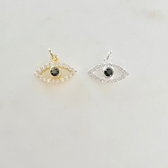 CZ Small Evil Eye Black Stone Eye Gold Plated or Sterling Silver Necklace Charm