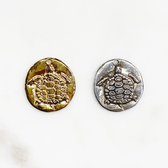 Raised Unique Turtle Coin Medallion Pendant in Vermeil Or Sterling Silver Nature Pendant Double Sided Coin