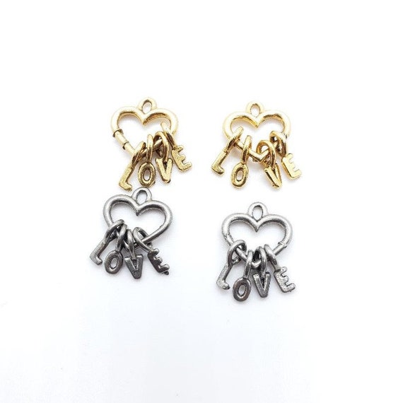 2 Pewter Heart Keychain Love Charms, Jewelry Making Supplies ,Necklace, Pendant, Antique Gold, Antique Silver