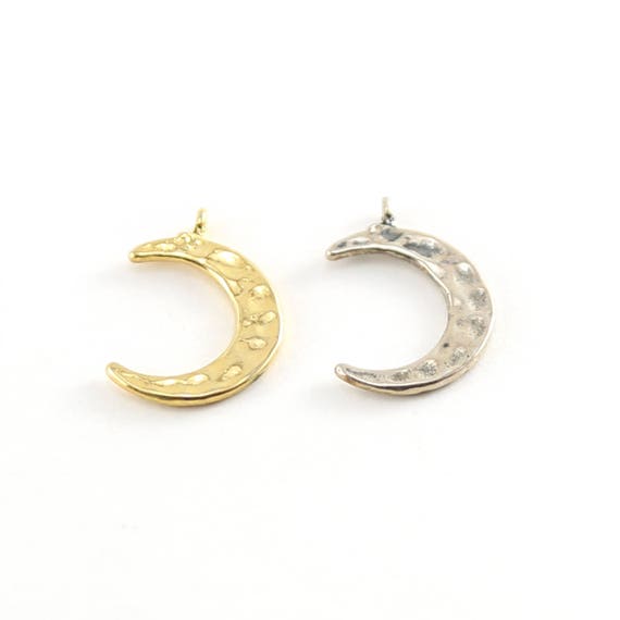 Hammered Textured Crescent Moon Charm Celestial Star Pendant in Sterling Silver and Vermeil Gold