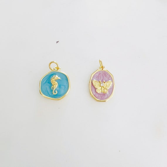 Unique Cute Blue Enamel  SeaHorse Ocean Inspired Charm, Purple Enamel Butterfly with CZ  Nature Inspired Charm Choose Your Charm