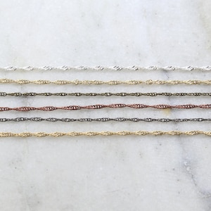 Base metal dainty minimal twisted chain in shiny silver and gold, antique copper, brass, gunmetal/ chain by the foot