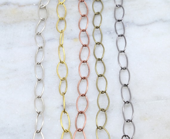 Base Metal Long Oval Chain in Shiny Silver, Shiny Gold, Antique Copper, Antique Brass, Gunmetal / Chain by the Foot