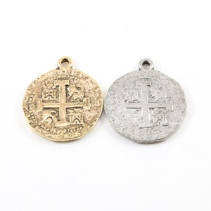 Ancient Extra Large Cross Circle Pewter Base Metal Cross Coin Charm Pendant Religious Spiritual Catholic Christianity Necklace Charm
