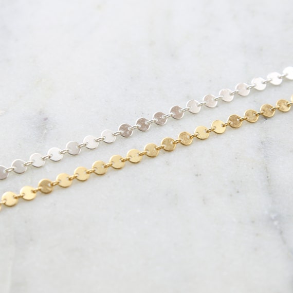 Flat Round Disk Coin Chain in SS or 14K GF Choker Bracelet Chain, Simple, Modern, Layering, permanent Jewelry  Bulk/ Unfinished Chain