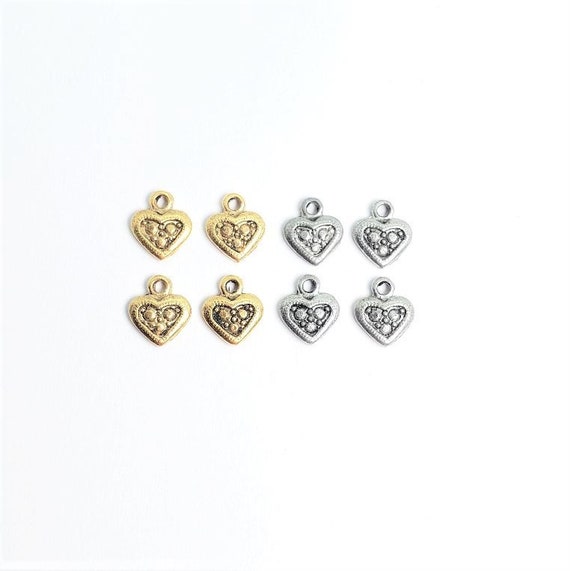 4 Pieces Pewter Teeny Tiny Heart Charm With A Smaller Dotted Heart In Center Dainty Heart Love Charm Antique Gold, Antique Silver