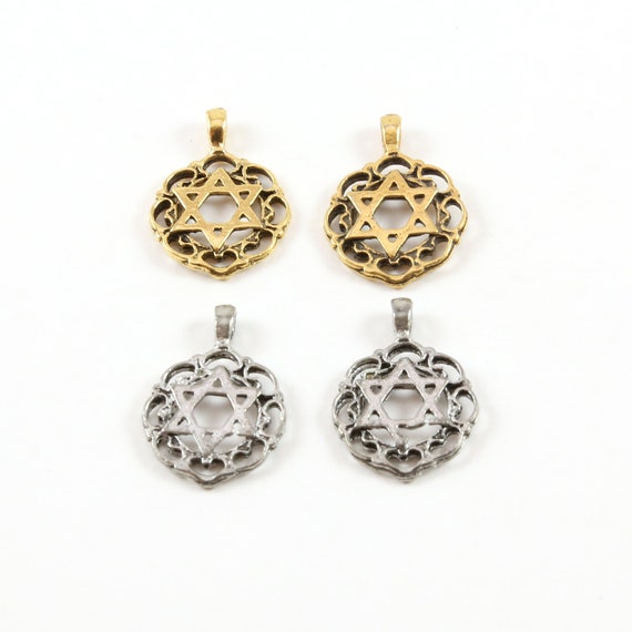 2 Pieces Round Scalloped Edge Star of David Coin Pendant Charm Charm Religious Pendant 20mm x 15mm