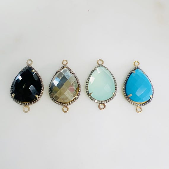 Large Teardrop Gemstone with Diamond Faceted Bezel Connector Charm in Sterling Silver or Vermeil Gold Choose your Gemstone Permanent Jewelry