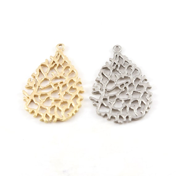 Pewter Metal Branch Leaf Teardrop Earring Component Pendant Matte Gold, Matte Silver