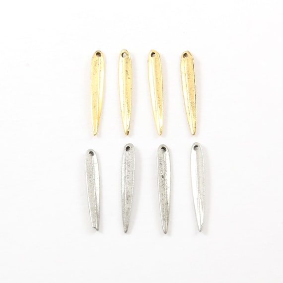 4 Pieces Pewter Metal Spike Charm Feather Triangle Dagger Pendant Bar Silver, Gold