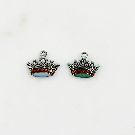 1 Piece Silver Pewter Detailed Enamel Crown Charm with Loop in Pale Blue or Sea Foam Green - Choose Your Color