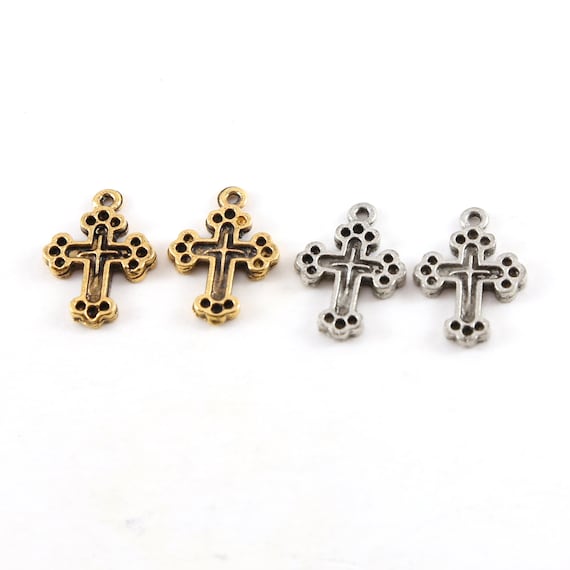 2 Pieces Pewter Base Metal Dotted Edges Cross Pendant Religious Spiritual Catholic Necklace Charm