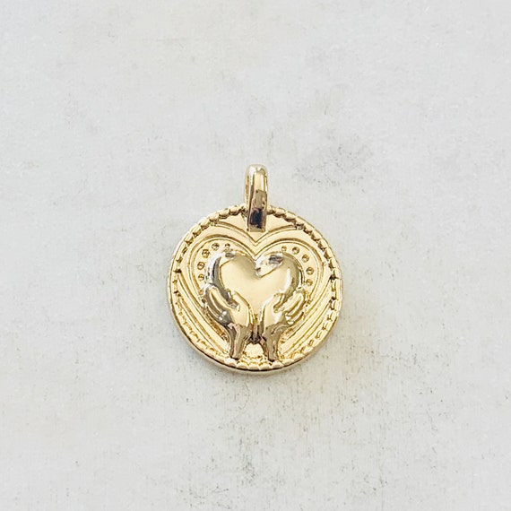 Vintage Inspired Hand Holding Heart Coin Charm  Gold Plated Love Friendship Inspiration Charm Pendant