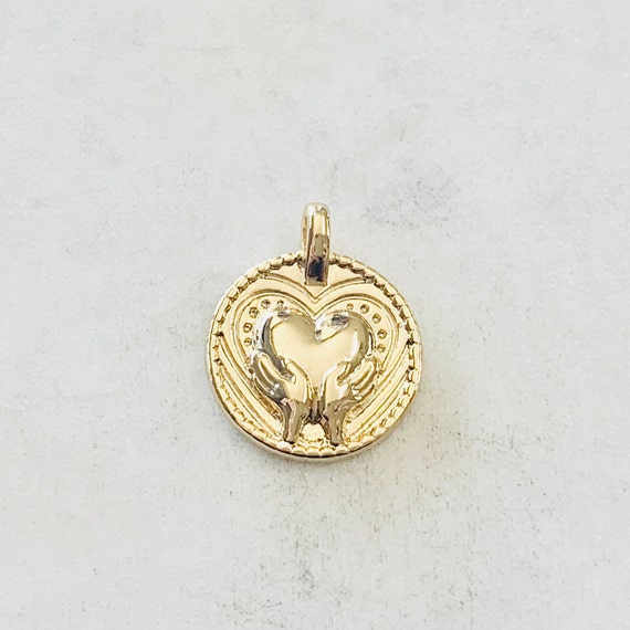 Vintage Inspired Hand Holding Heart Coin Charm  Gold Plated Love Friendship Inspiration Charm Pendant