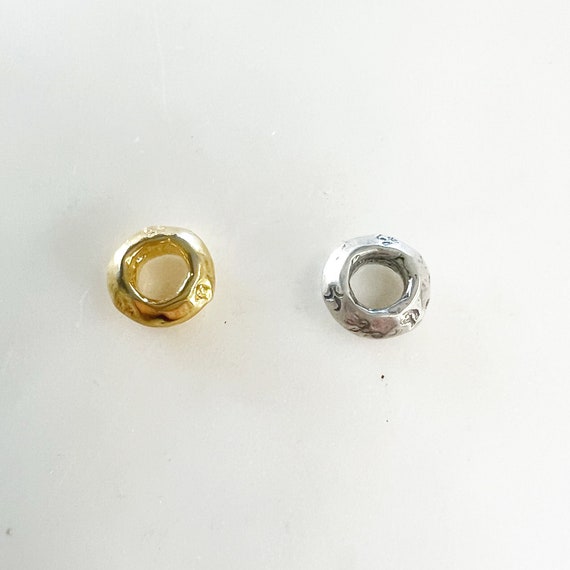 Artisan Organic Shape With Small Detailing Thick Rondelle 9MM Round Donut Large Hole Spacer Bead In Shiny Vermeil,  Sterling Silver 925