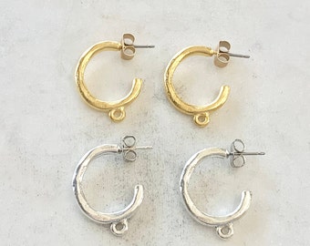 1 pair textured Hammered Pewter Round Hoop 21mm x 15mm Chandelier Finding Earring Component with Ring on Bottom in Matte Gold or Silver